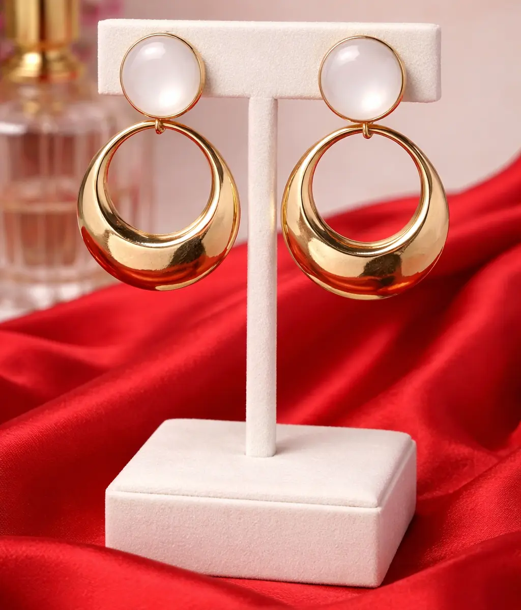 Moonstone Drip Gold Geo Hoop Earrings - Elegant Two-Part Drop Earrings with Chalcedony Studs